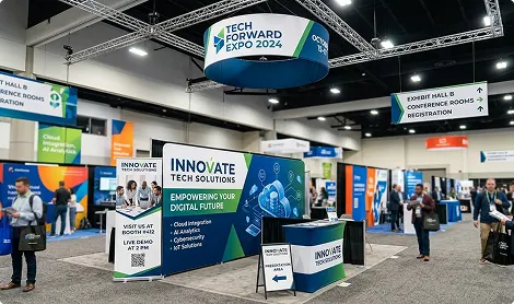 Trade show hall with branded booths and hanging banners