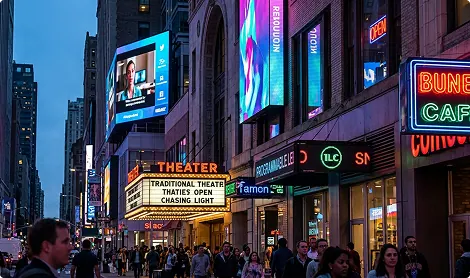 Illuminated LED and digital signs on a busy city street at night