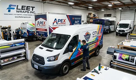 Installer applying a full wrap to a commercial fleet van in a wrap shop