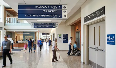 Hospital corridor with overhead wayfinding signs and ADA room signs