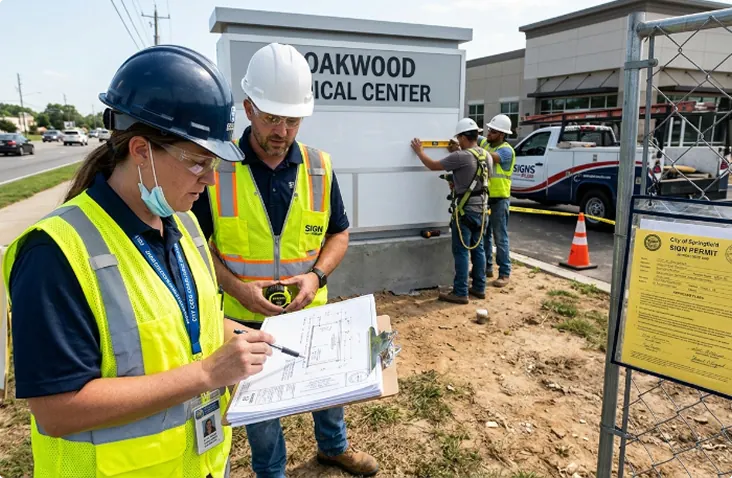 Sign survey team reviewing plans beside a medical center monument sign