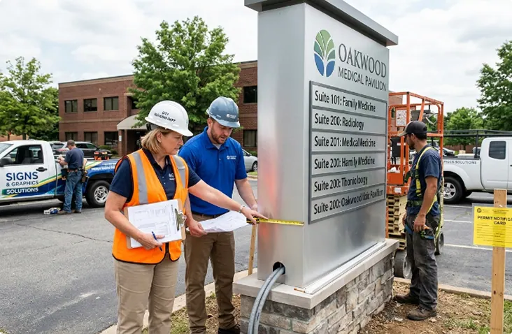 Sign crew measuring a medical office monument sign during a site survey