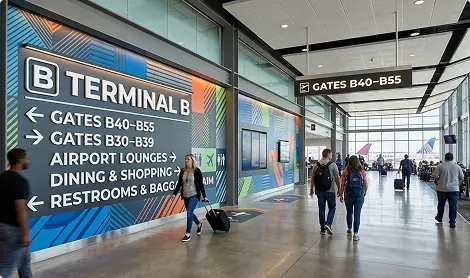 Airport terminal wayfinding graphics and interior wall wrap